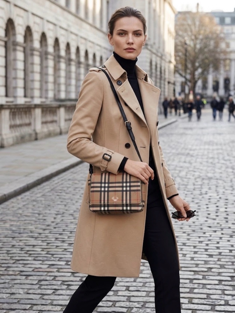 Burberry Tan Plaid Crossbody Bag with Black Strap